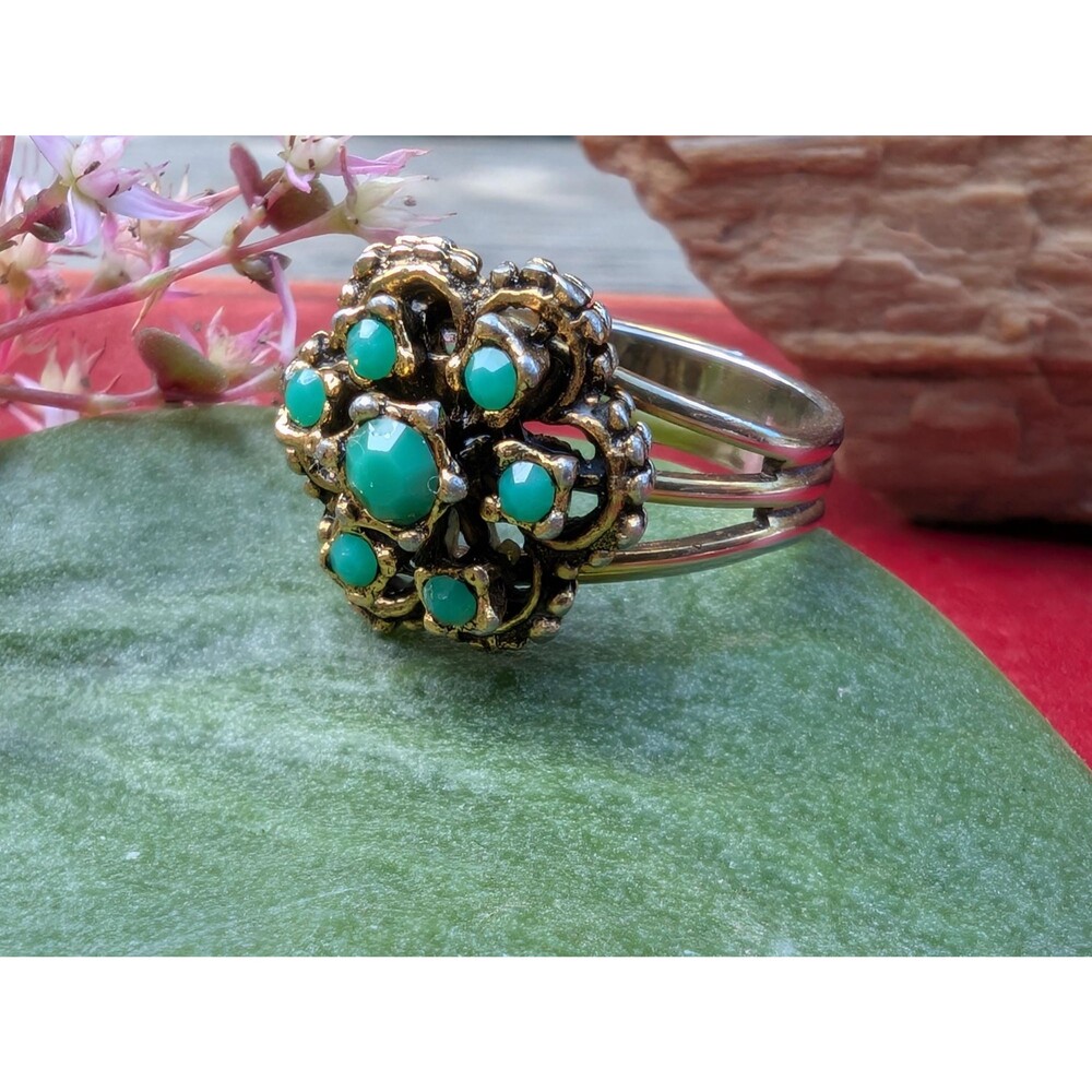 Mid Century Green Rhinestone Ring, Vintage Adjustable Ring